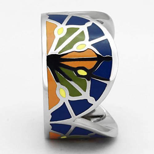 TK842 High Polished Stainless Steel Ring featuring a vibrant multi-color epoxy stone, showcasing its elegant design and shine.