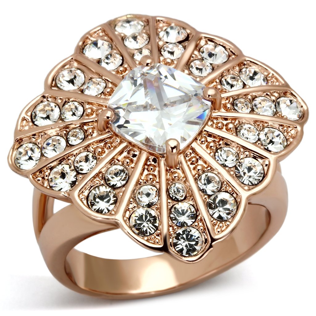 TK866 IP Rose Gold Stainless Steel Ring featuring AAA Grade clear CZ stone, showcasing its elegant design and luxurious finish.