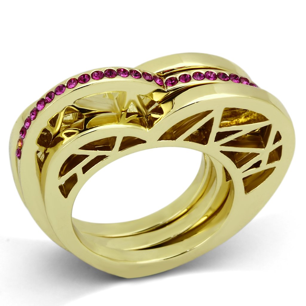 TK863 IP Gold Stainless Steel Ring featuring a vibrant fuchsia top-grade crystal, showcasing its elegant design and luxurious finish.