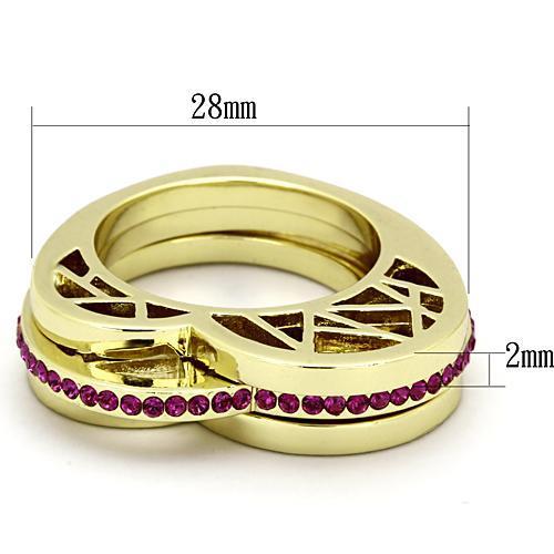 TK863 IP Gold Stainless Steel Ring featuring a vibrant fuchsia top-grade crystal, showcasing its elegant design and luxurious finish.