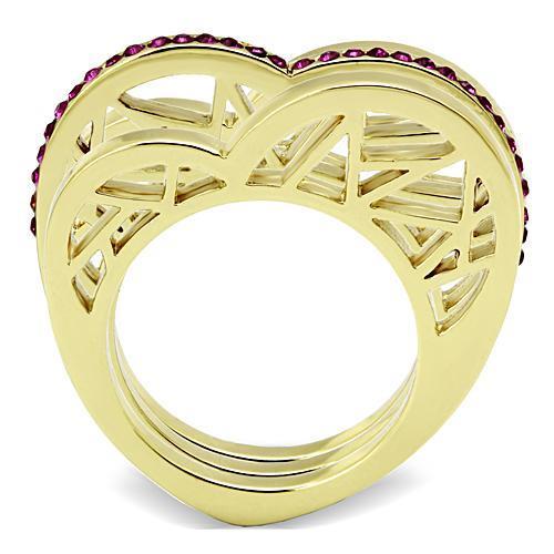 TK863 IP Gold Stainless Steel Ring featuring a vibrant fuchsia top-grade crystal, showcasing its elegant design and luxurious finish.