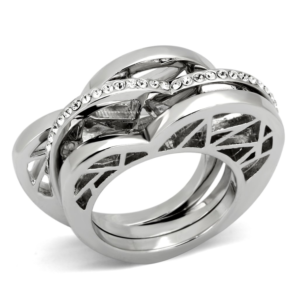 TK864 High Polished Stainless Steel Ring featuring a clear top grade crystal, showcasing its elegant design and shiny finish.