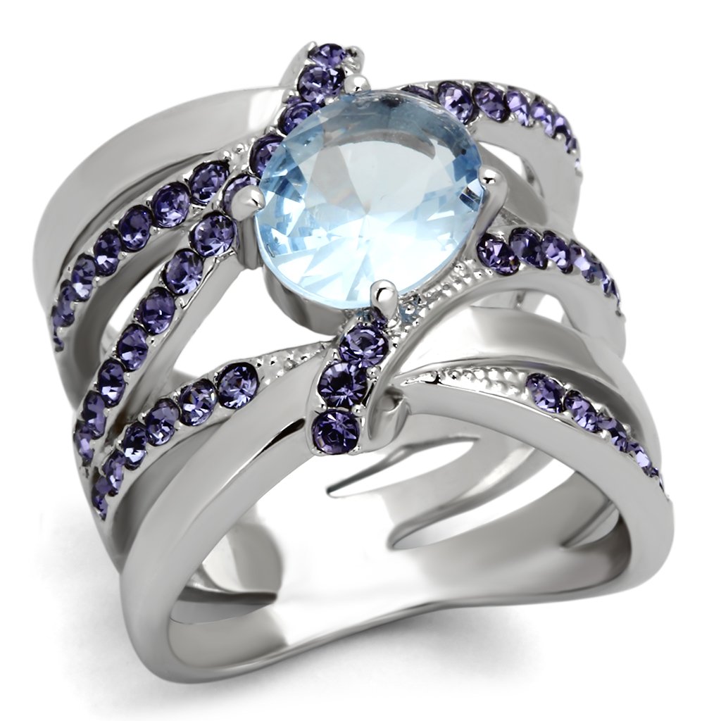 TK865 High Polished Stainless Steel Ring featuring a light sapphire synthetic glass center stone, showcasing its elegant design and shine.