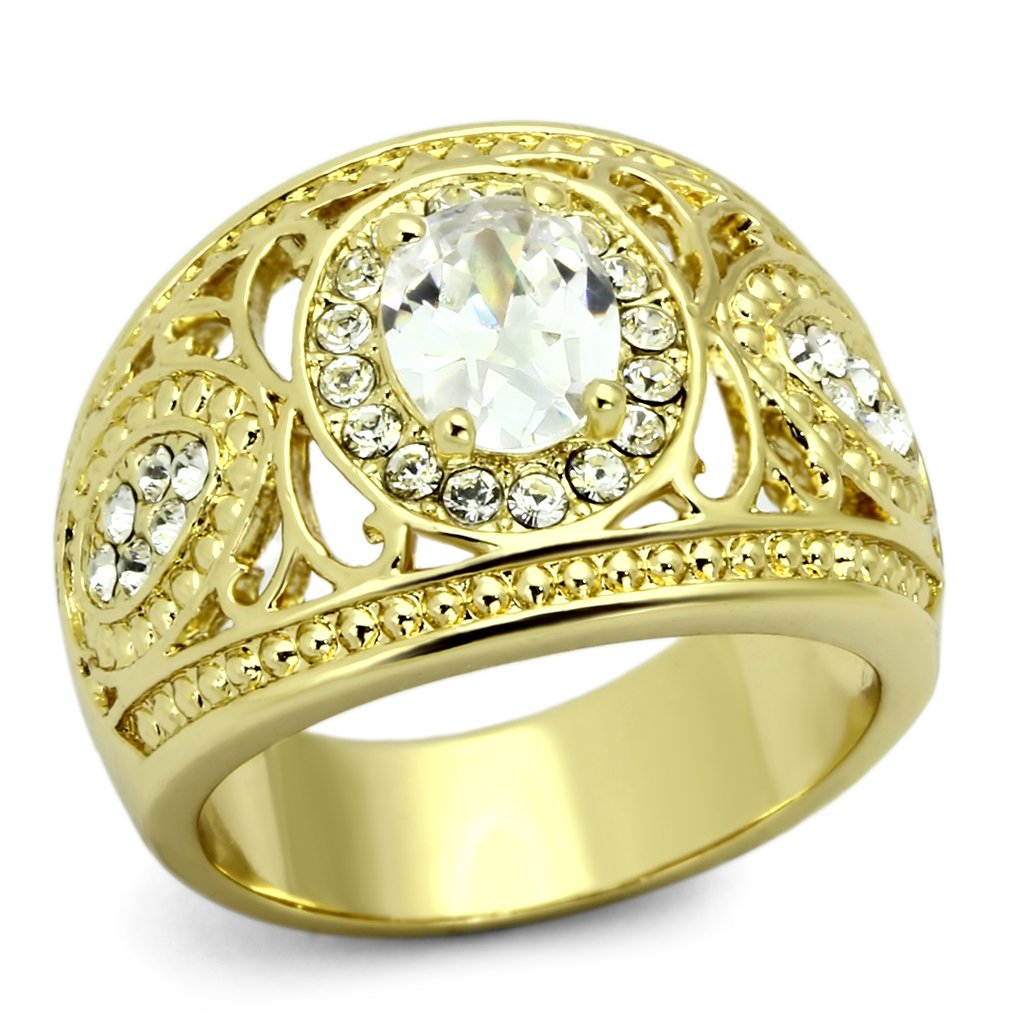 TK868 IP Gold Stainless Steel Ring featuring a clear AAA Grade CZ stone, showcasing its elegant design and luxurious finish.