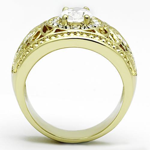 TK868 IP Gold Stainless Steel Ring featuring a clear AAA Grade CZ stone, showcasing its elegant design and luxurious finish.