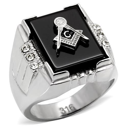 TK8X027 High Polished Stainless Steel Ring featuring a jet agate center stone, showcasing a sleek and modern design.