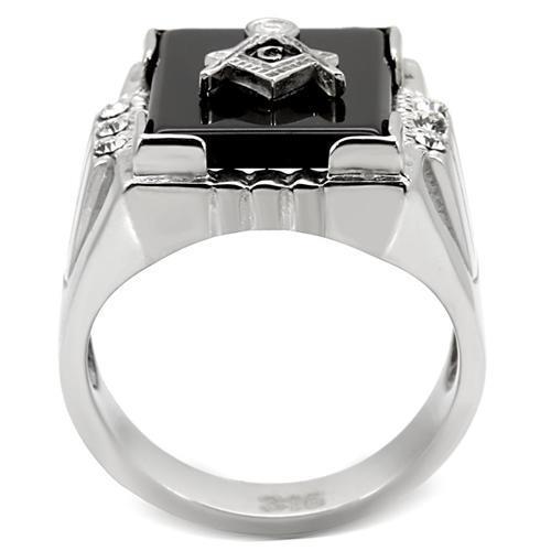 TK8X027 High Polished Stainless Steel Ring featuring a jet agate center stone, showcasing a sleek and modern design.