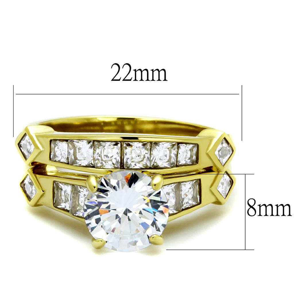 TK8X040 IP Gold Stainless Steel Ring featuring a clear AAA Grade CZ stone, showcasing its elegant design and luxurious finish.