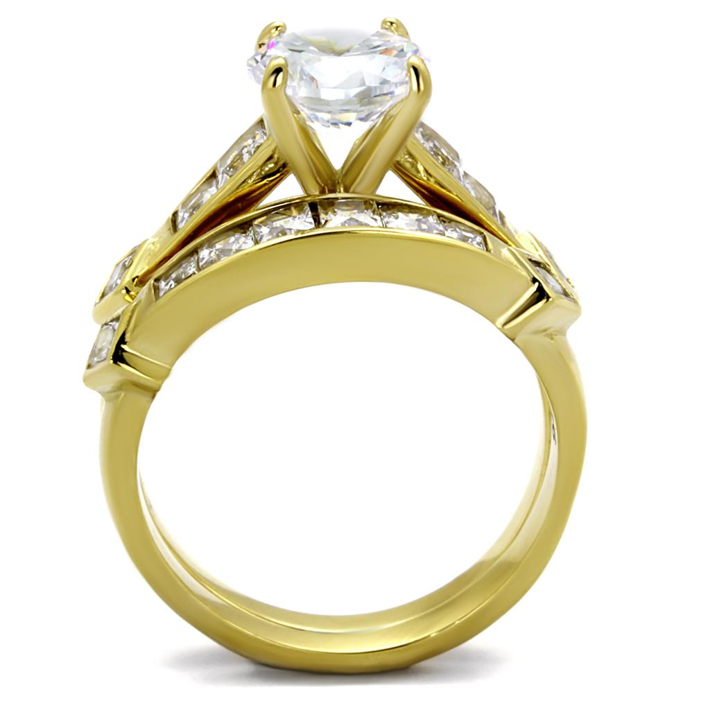 TK8X040 IP Gold Stainless Steel Ring featuring a clear AAA Grade CZ stone, showcasing its elegant design and luxurious finish.