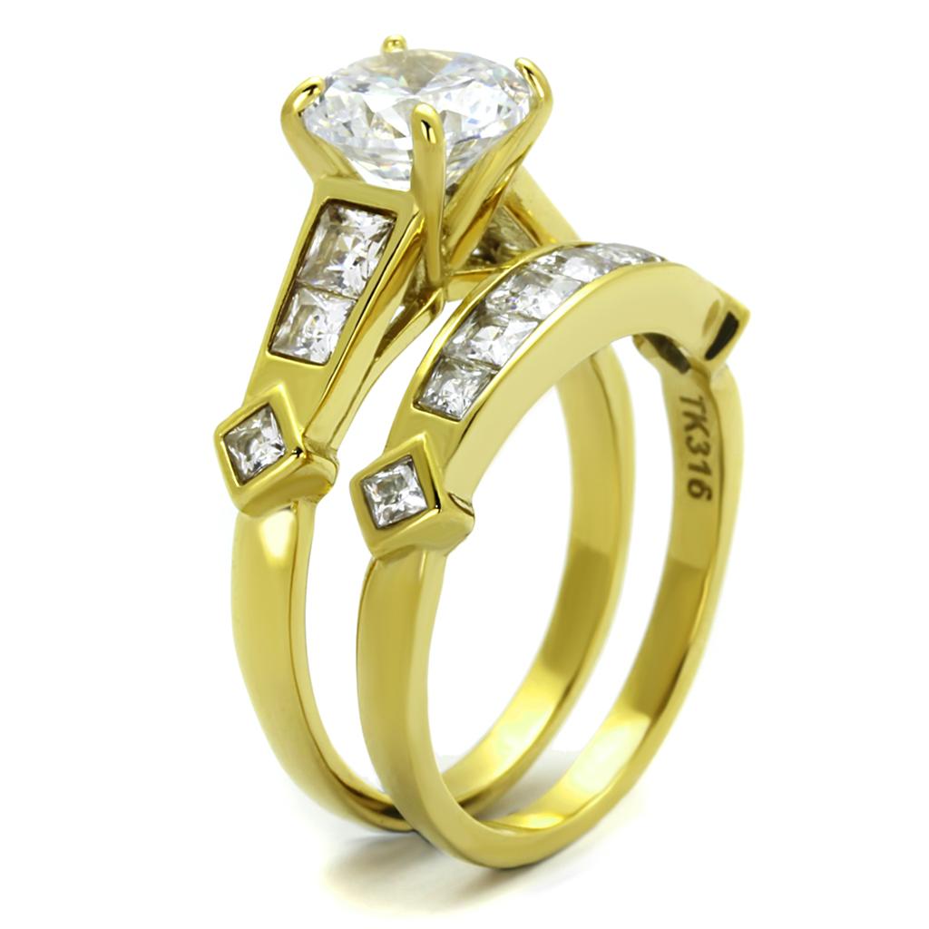 TK8X040 IP Gold Stainless Steel Ring featuring a clear AAA Grade CZ stone, showcasing its elegant design and luxurious finish.