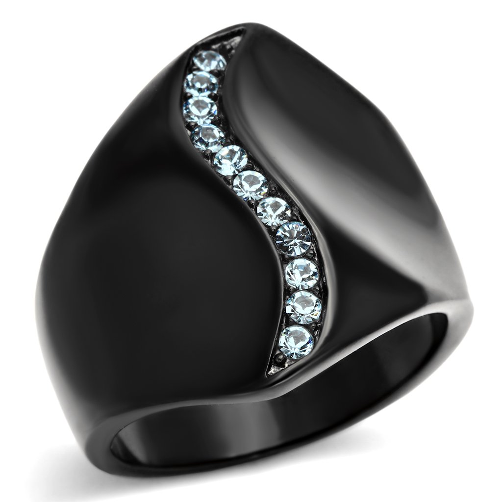 TK991 IP Black Stainless Steel Ring featuring a sea blue top grade crystal, showcasing its elegant design and durable finish.