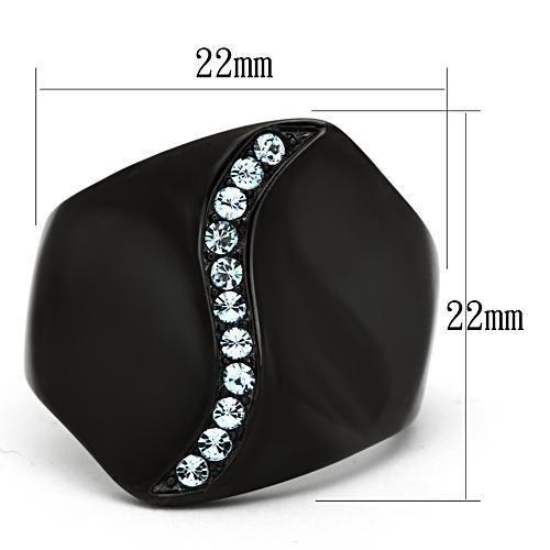 TK991 IP Black Stainless Steel Ring featuring a sea blue top grade crystal, showcasing its elegant design and durable finish.