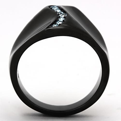 TK991 IP Black Stainless Steel Ring featuring a sea blue top grade crystal, showcasing its elegant design and durable finish.