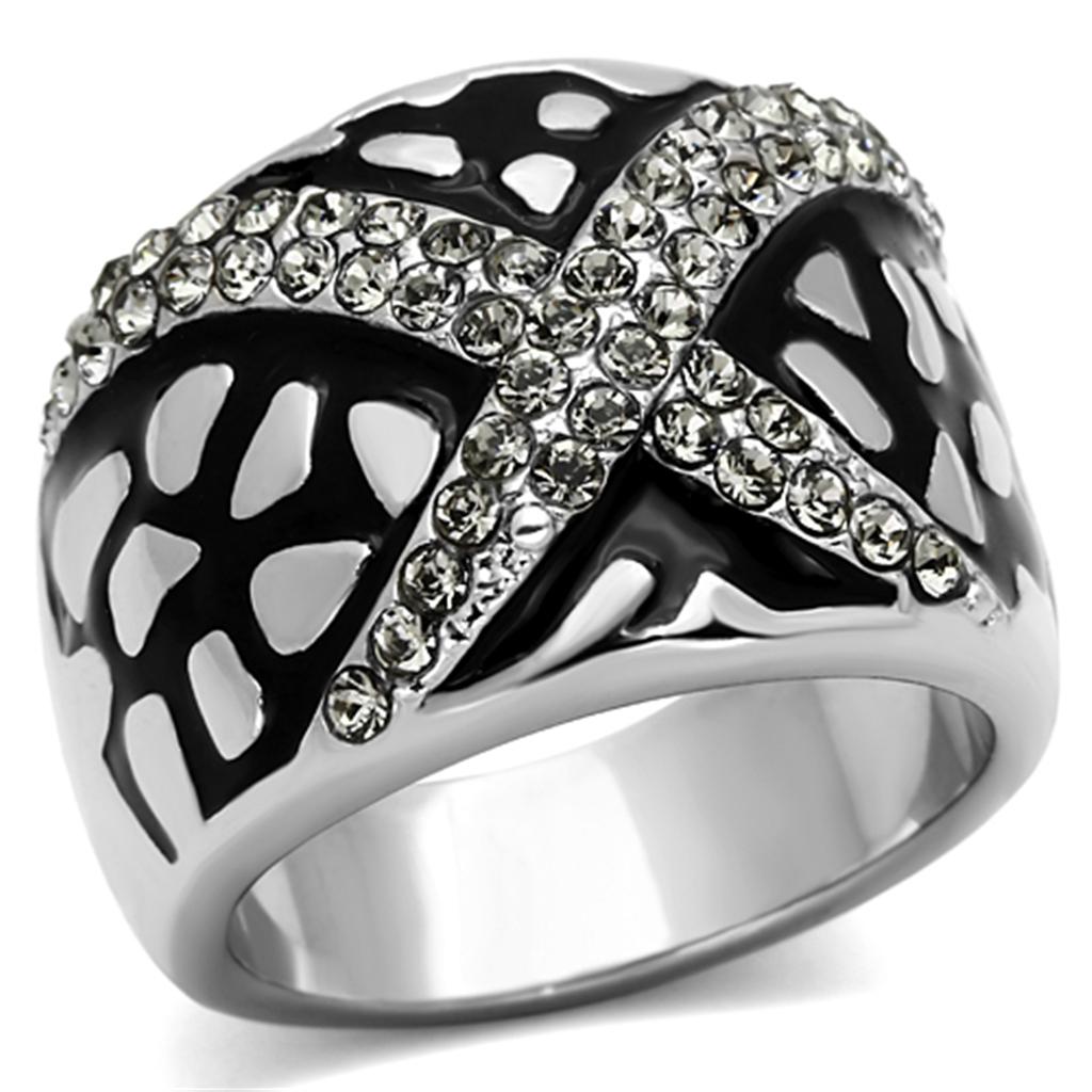 TK921 High Polished Stainless Steel Ring featuring a Top Grade Black Diamond center stone, showcasing its elegant design and shine.