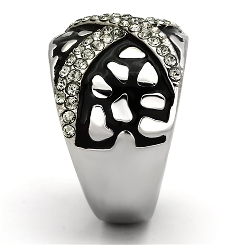 TK921 High Polished Stainless Steel Ring featuring a Top Grade Black Diamond center stone, showcasing its elegant design and shine.