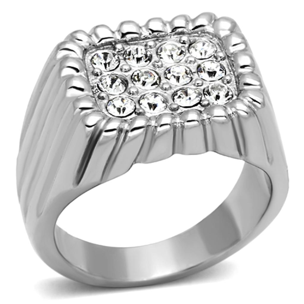 TK940 High Polished Stainless Steel Ring featuring a clear top grade crystal centerpiece, showcasing its elegant design and shiny finish.