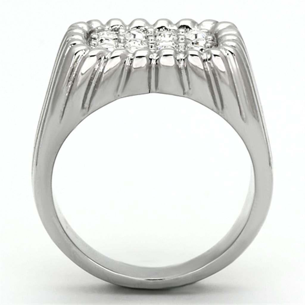 TK940 High Polished Stainless Steel Ring featuring a clear top grade crystal centerpiece, showcasing its elegant design and shiny finish.