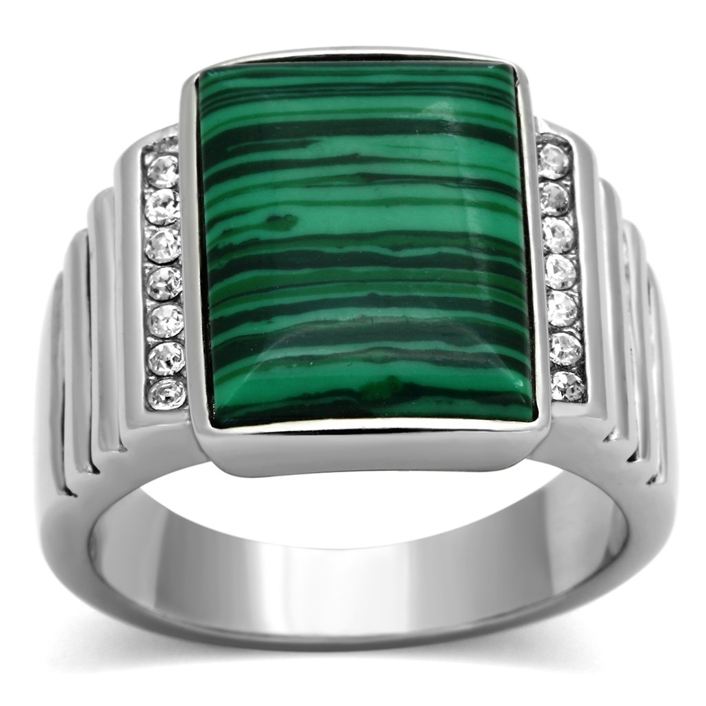 TK953 High Polished Stainless Steel Ring featuring a vibrant synthetic malachite center stone in emerald green color.