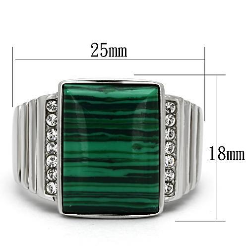 TK953 High Polished Stainless Steel Ring featuring a vibrant synthetic malachite center stone in emerald green color.