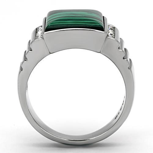 TK953 High Polished Stainless Steel Ring featuring a vibrant synthetic malachite center stone in emerald green color.