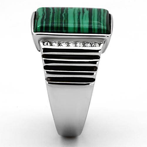 TK953 High Polished Stainless Steel Ring featuring a vibrant synthetic malachite center stone in emerald green color.