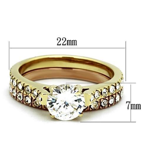 TK968 Stainless Steel Ring featuring IP Gold and Rose Gold ion plating with a clear AAA Grade CZ stone, elegantly designed for any occasion.