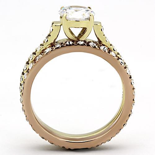 TK968 Stainless Steel Ring featuring IP Gold and Rose Gold ion plating with a clear AAA Grade CZ stone, elegantly designed for any occasion.