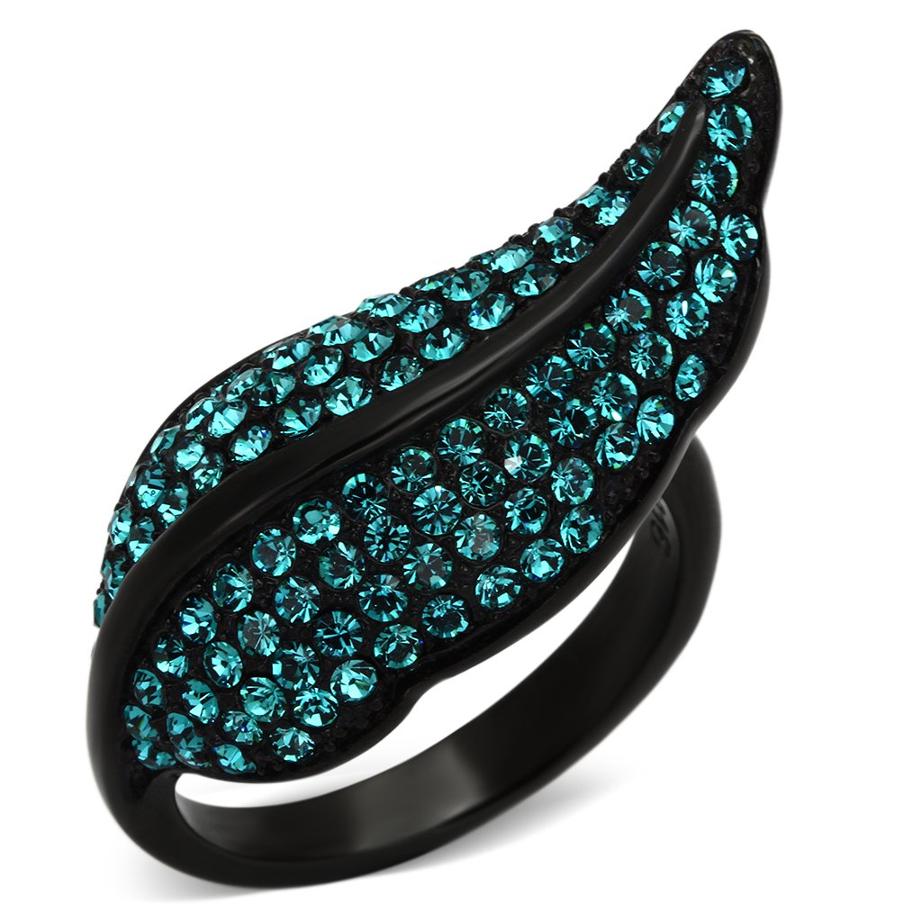 TK985 IP Black Stainless Steel Ring featuring blue zircon crystals, showcasing a sleek design with ion plating.