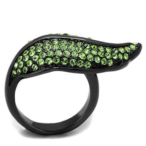 TK985LJ IP Light Black Stainless Steel Ring featuring a Peridot crystal centerpiece, showcasing a modern design and elegant finish.