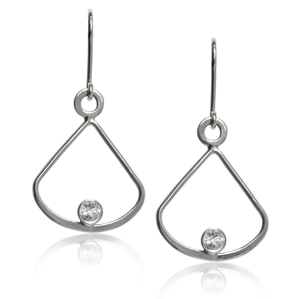 Elegant Topaz Fan Sterling Silver Fishhook Earrings featuring round white topaz stones, handcrafted in the USA.