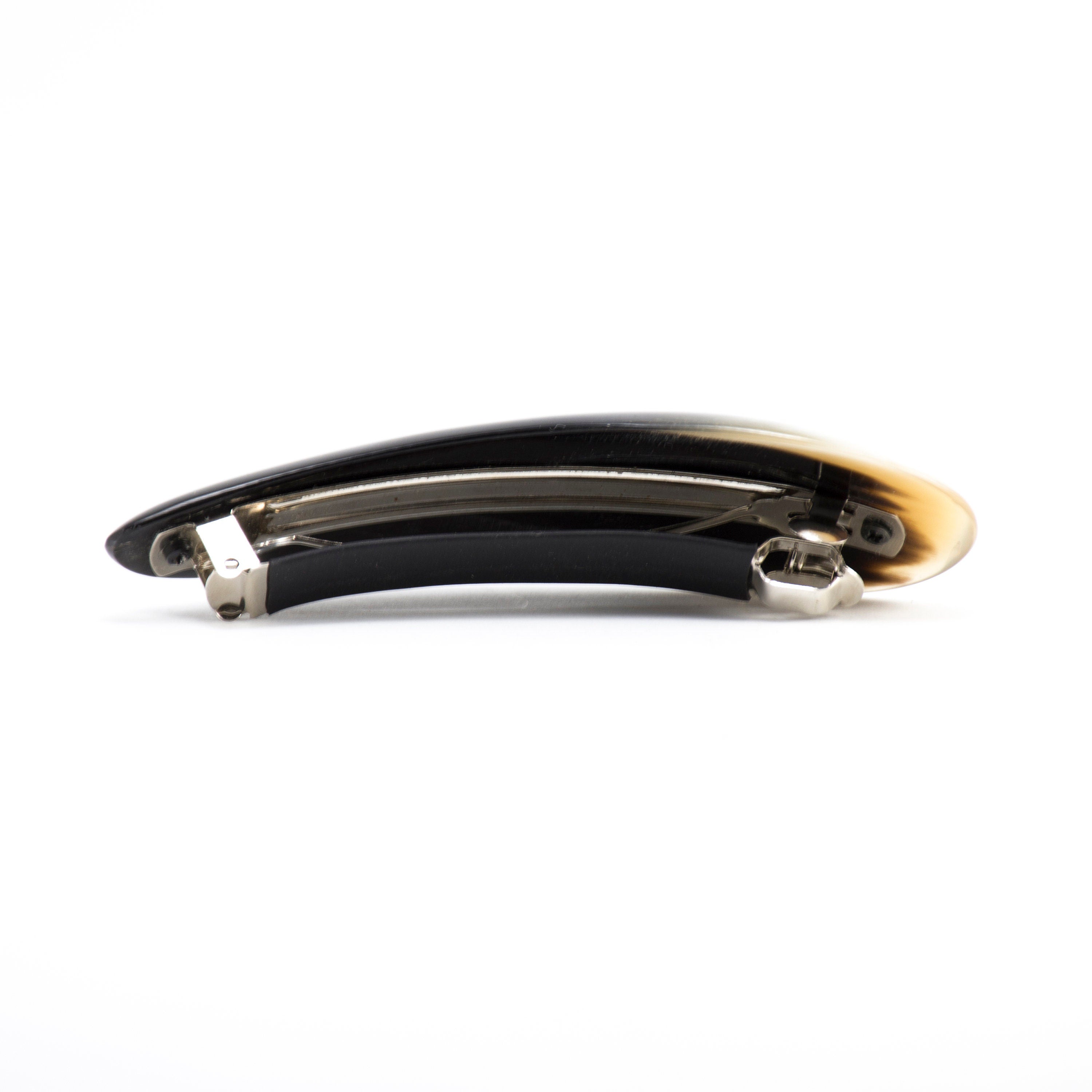 Elegant Tortoise Shell Barrette French Hair Barrette made from hand-carved buffalo horn, featuring a rubber-covered automatic arm for secure hair hold.