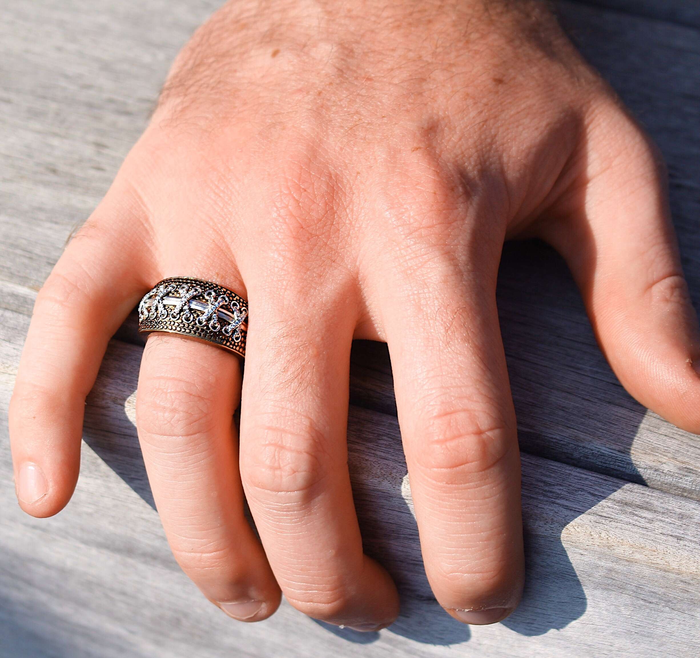 Touchdown American Football Ring in brown rhodium plated sterling silver with diamond accents, showcasing a football-inspired design.