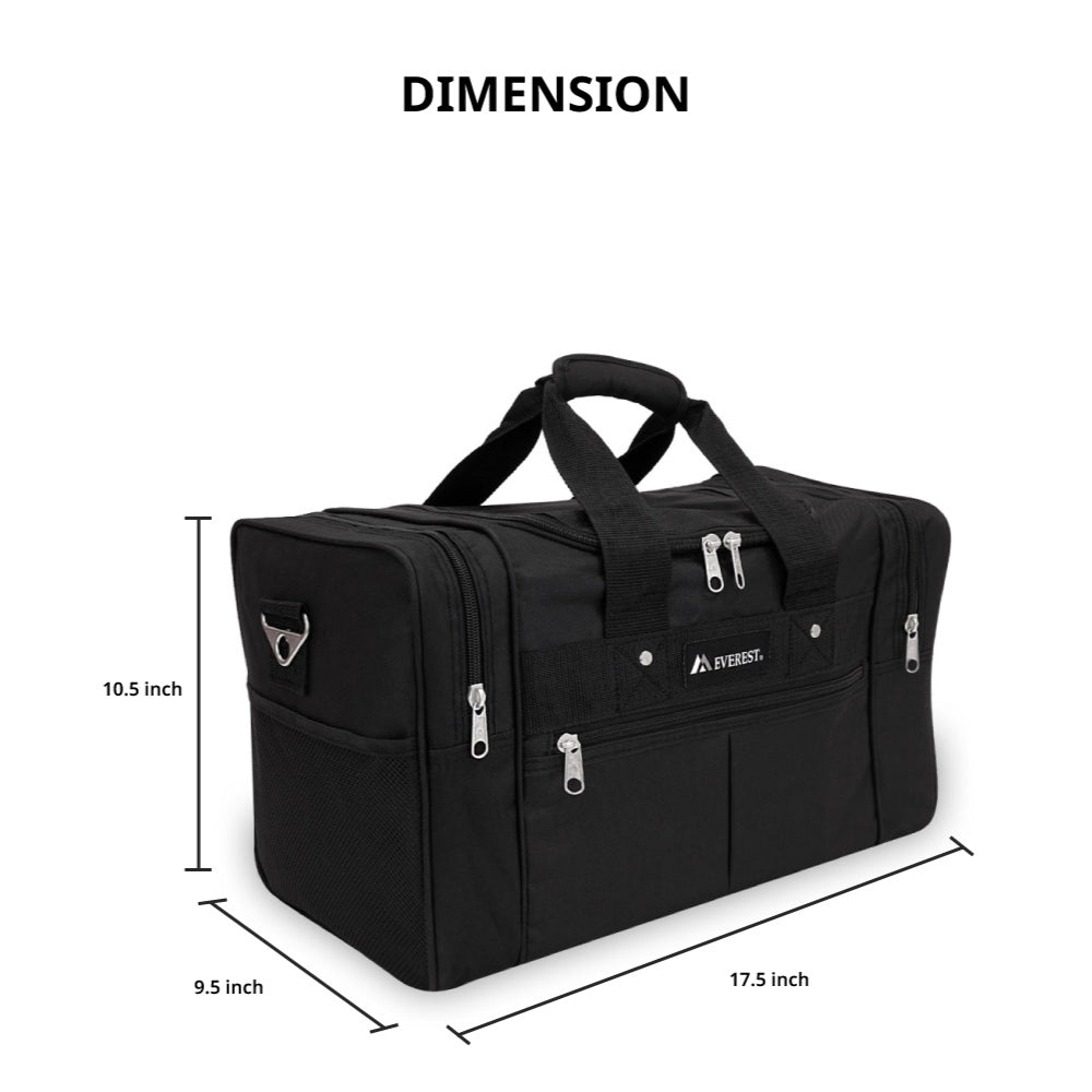 Small Travel Gear Duffel Bag in black with adjustable padded straps and multiple zippered pockets for organized storage.