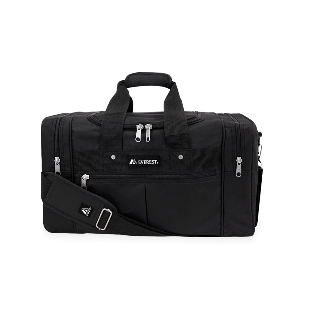 Small Travel Gear Duffel Bag in black with adjustable padded straps and multiple zippered pockets for organized storage.