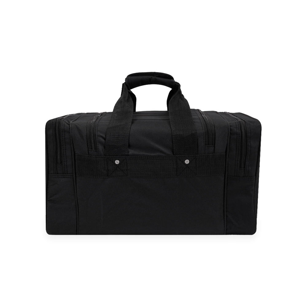 Small Travel Gear Duffel Bag in black with adjustable padded straps and multiple zippered pockets for organized storage.