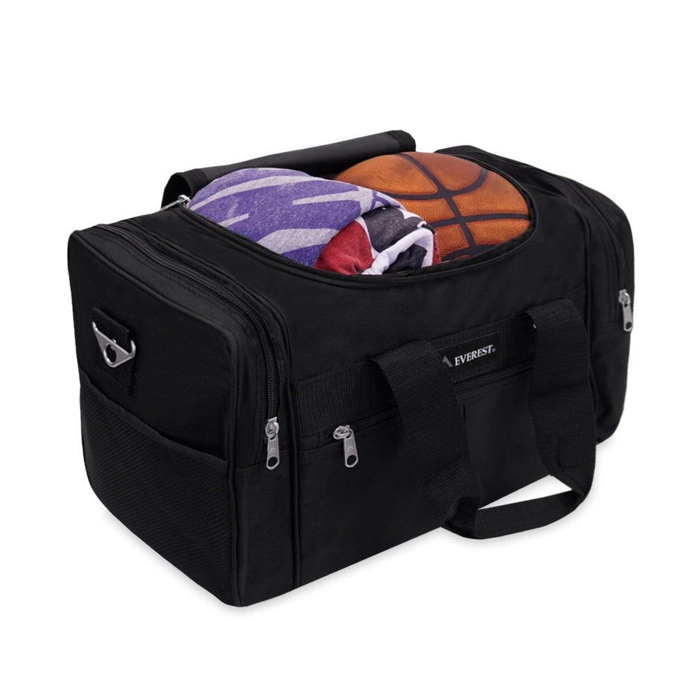 Small Travel Gear Duffel Bag in black with adjustable padded straps and multiple zippered pockets for organized storage.