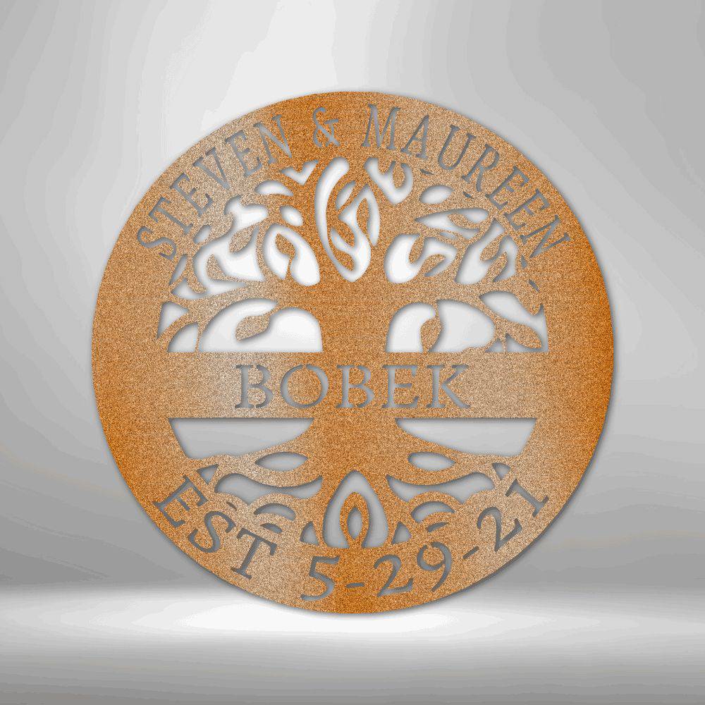 Beautiful Tree of Life metal wall art, handcrafted in the USA, showcasing intricate design and durable powder-coated finish.