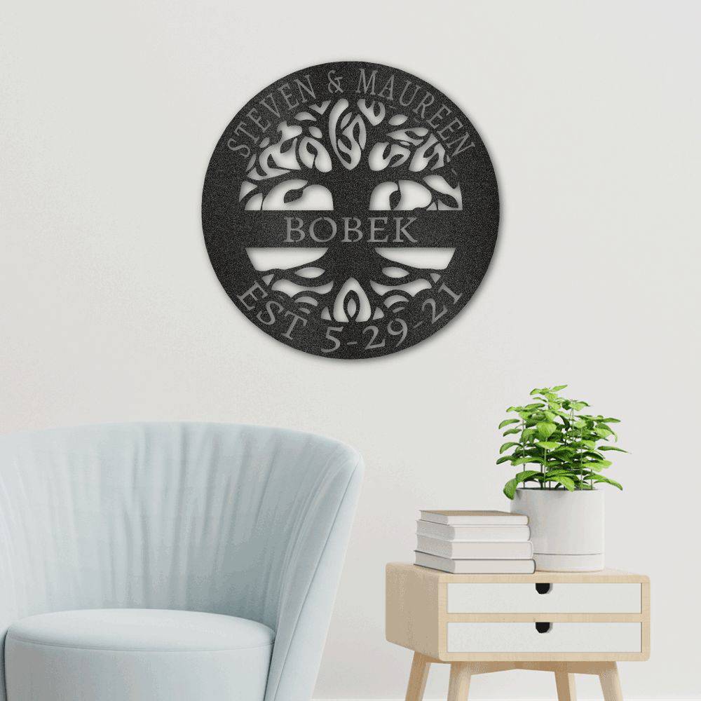 Beautiful Tree of Life metal wall art, handcrafted in the USA, showcasing intricate design and durable powder-coated finish.