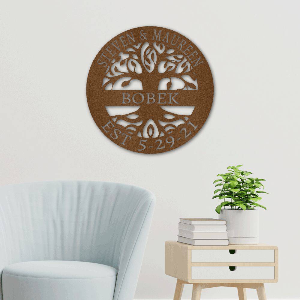 Beautiful Tree of Life metal wall art, handcrafted in the USA, showcasing intricate design and durable powder-coated finish.