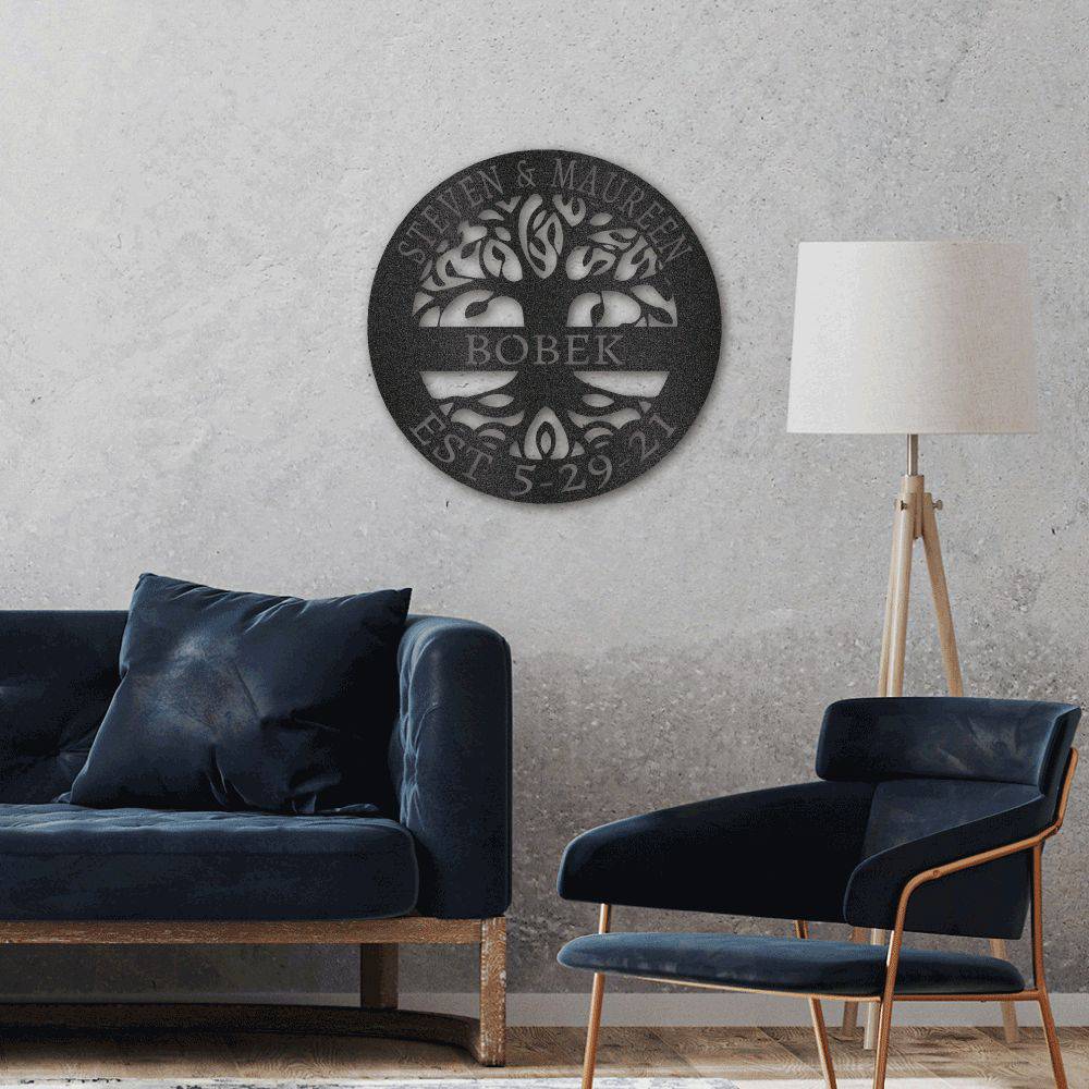 Beautiful Tree of Life metal wall art, handcrafted in the USA, showcasing intricate design and durable powder-coated finish.