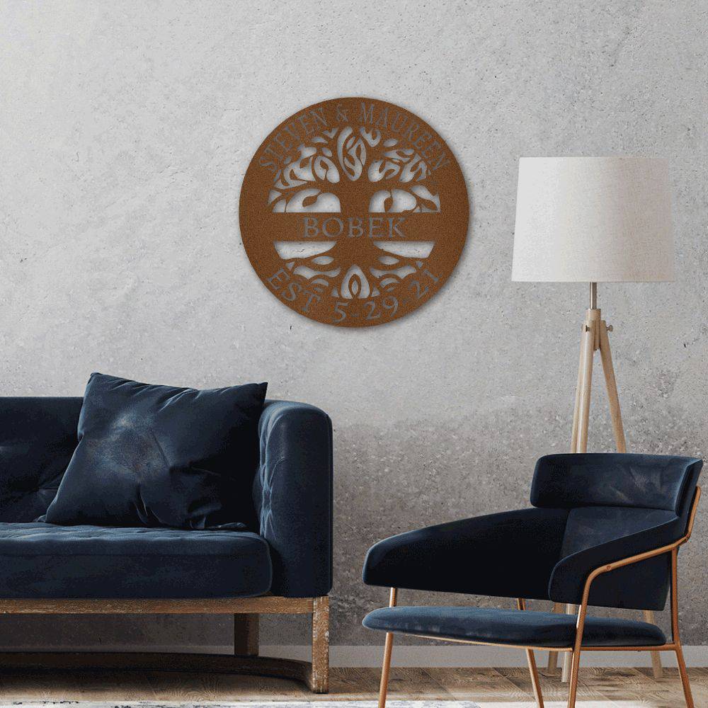 Beautiful Tree of Life metal wall art, handcrafted in the USA, showcasing intricate design and durable powder-coated finish.