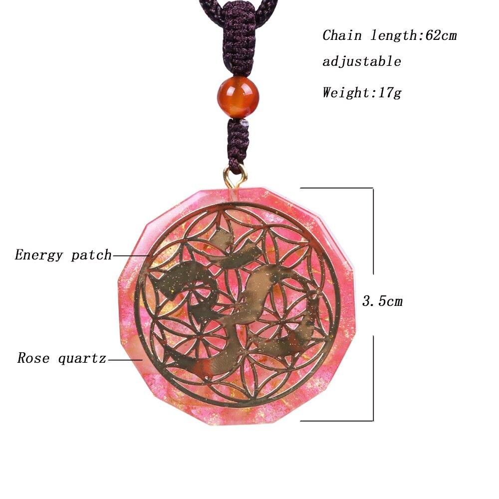 Tree Of Life Orgonite Necklace featuring a geometric pendant made of white crystal and resin, hung on a rope chain.