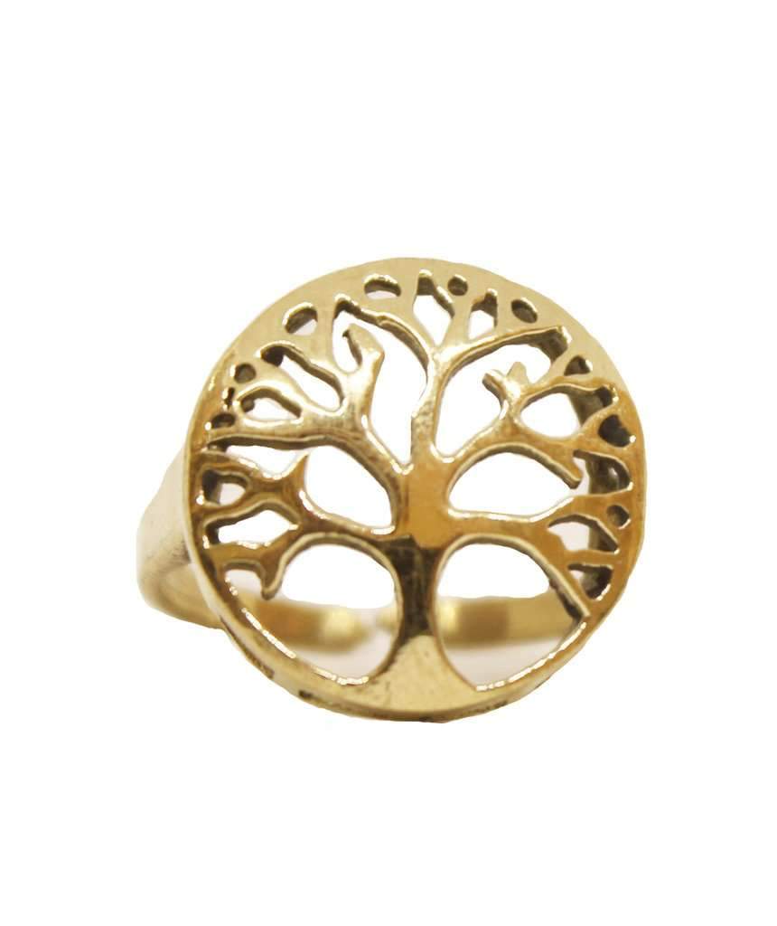 Tree of Life Ring featuring an intricate tree medallion, available in gold and silver, designed for nature lovers.