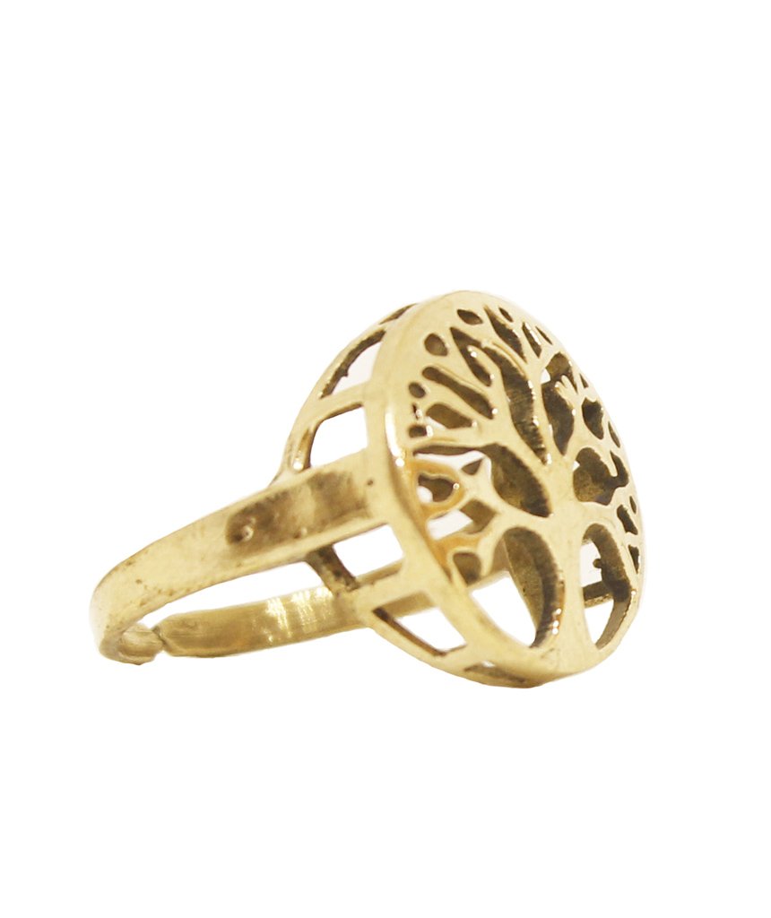 Tree of Life Ring featuring an intricate tree medallion, available in gold and silver, designed for nature lovers.