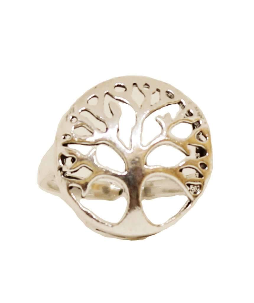 Tree of Life Ring featuring an intricate tree medallion, available in gold and silver, designed for nature lovers.