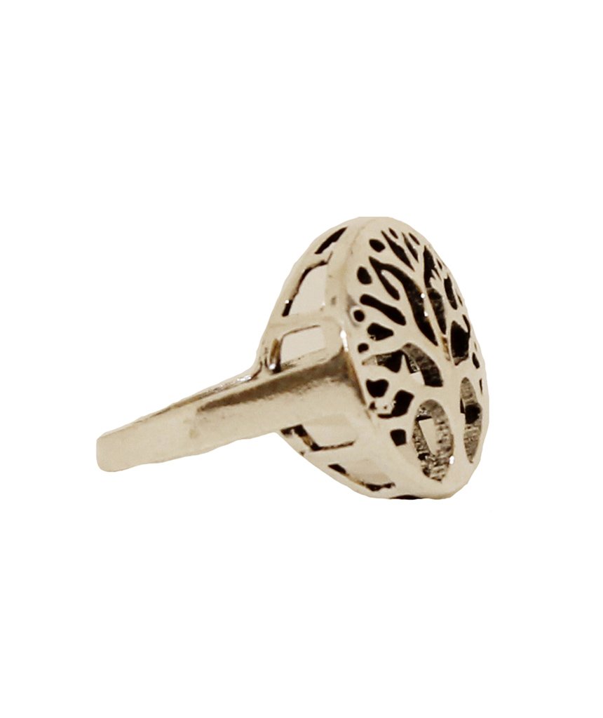 Tree of Life Ring featuring an intricate tree medallion, available in gold and silver, designed for nature lovers.