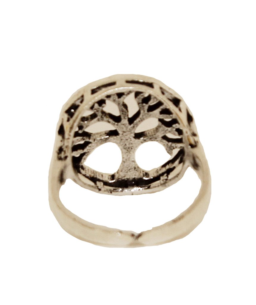 Tree of Life Ring featuring an intricate tree medallion, available in gold and silver, designed for nature lovers.