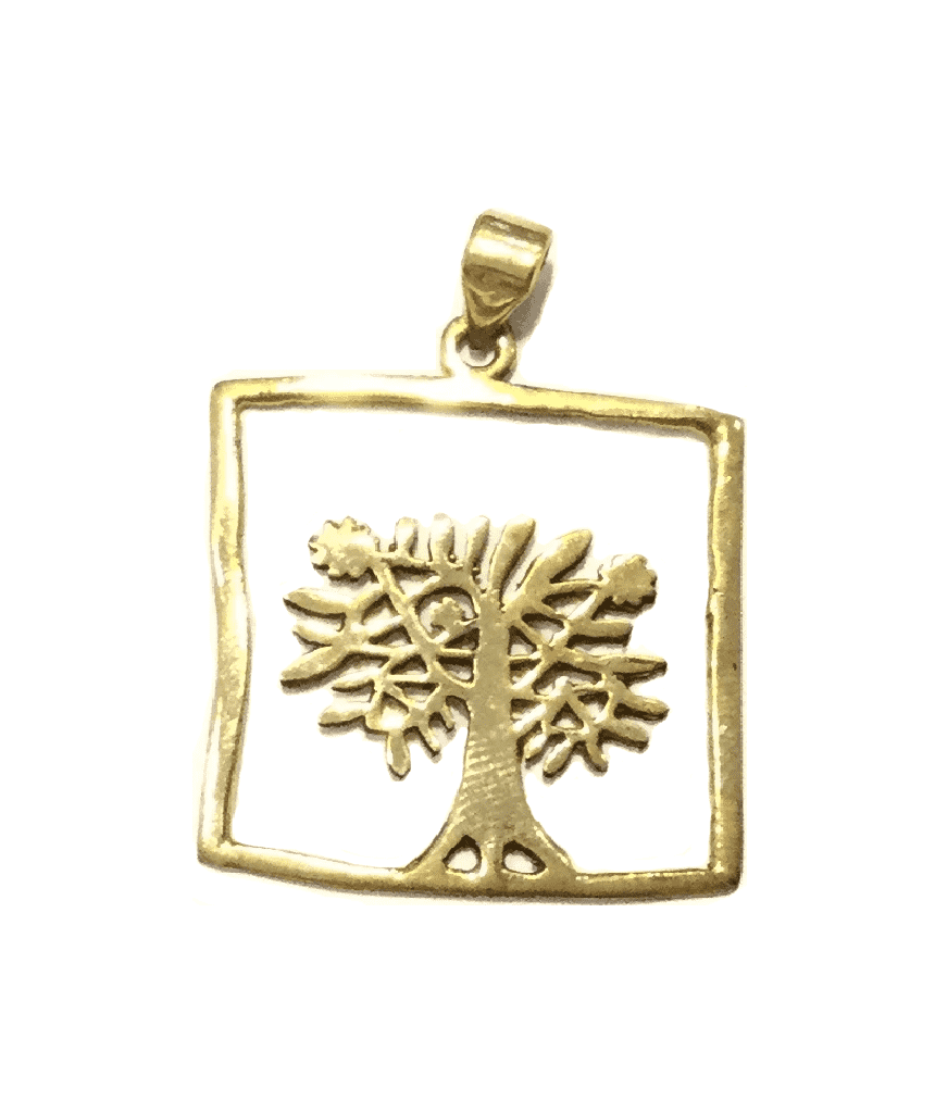 Tree Square Pendant made of brass, available in silver and gold finishes, featuring a unique tree design.