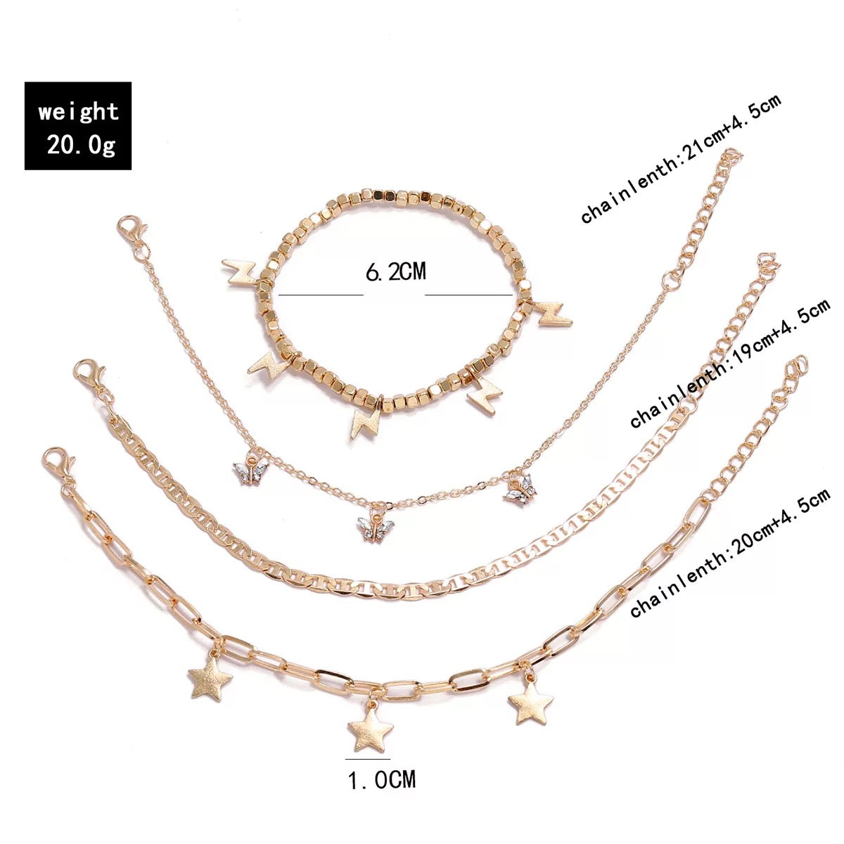 Trendy Player Anklet Set featuring four stylish gold plated anklets with adjustable sizes.