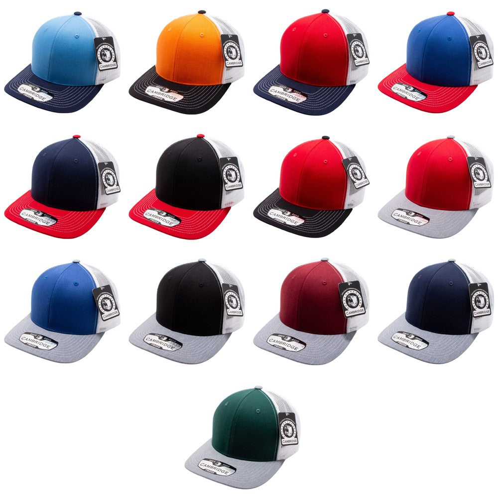 A pack of six TRI COLORS CAMBRIDGE TRUCKER HATS featuring a classic mid-profile design, made from a cotton-polyester blend with a curved visor.